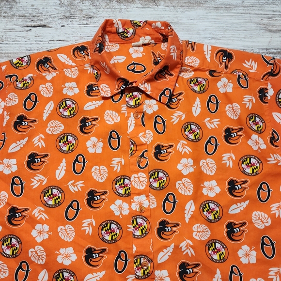 Mens Baltimore Orioles Hawaiian Button Shirt Size XL Orange - Picture 2 of 8